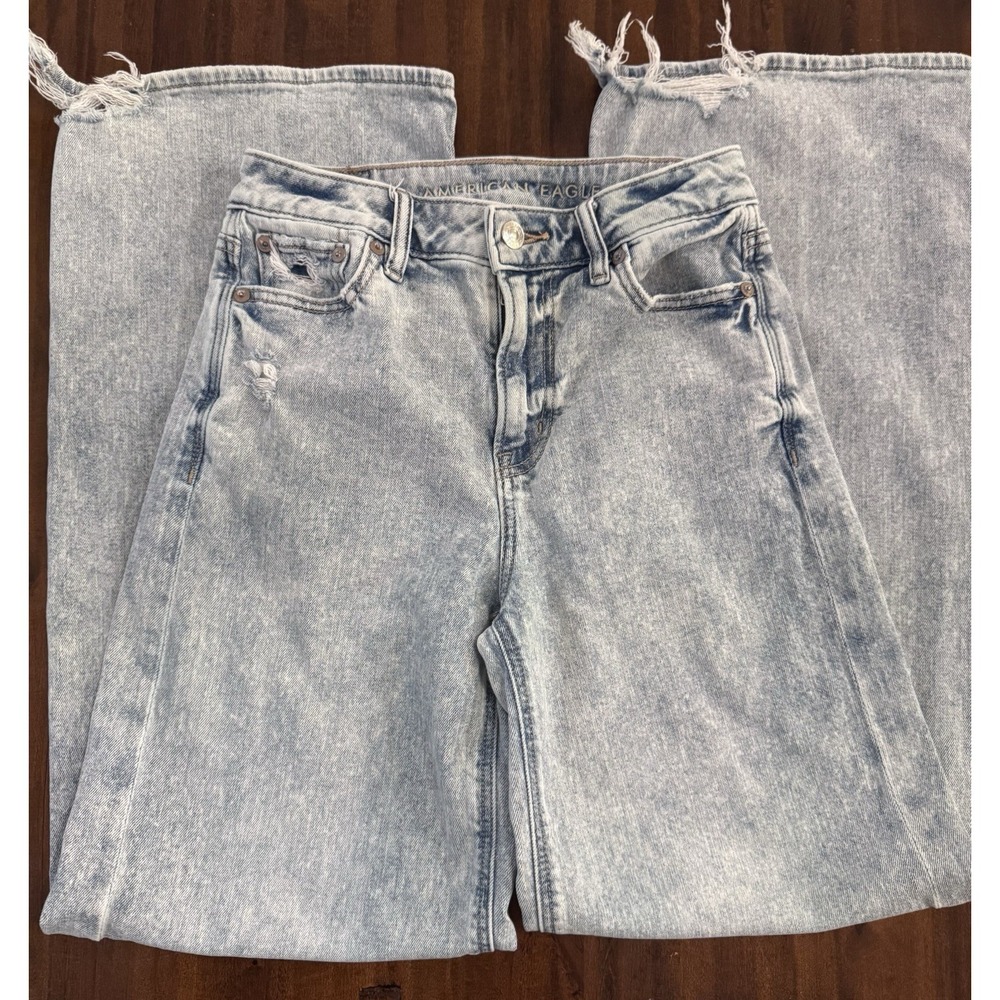 American Eagle High Rise Baggy Wide Leg Jeans Womens 000 Regular Light Acid Wash